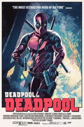 Deadpool in red and black suit holding guns with swords on back in comic style poster