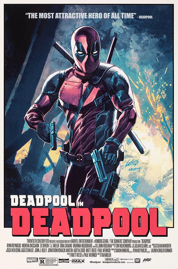 Deadpool in red and black suit holding guns with swords on back in comic style poster