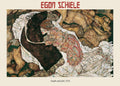 High-resolution print of Egon Schiele's 1915 oil painting depicting a dark figure embracing a young, vulnerable woman, symbolizing mortality.