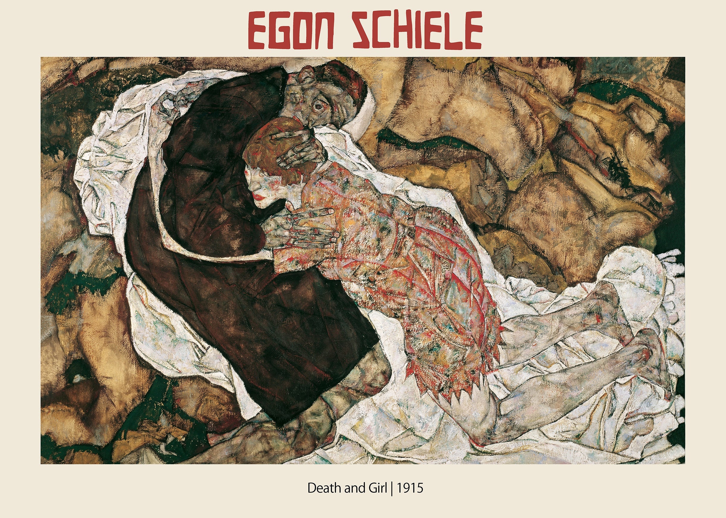 High-resolution print of Egon Schiele's 1915 oil painting depicting a dark figure embracing a young, vulnerable woman, symbolizing mortality.