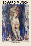 Edvard Munch painting, "Death and Life" (1894), depicting two nude figures passionately embracing, rendered in blue, red, and brown expressionist brushstrokes.