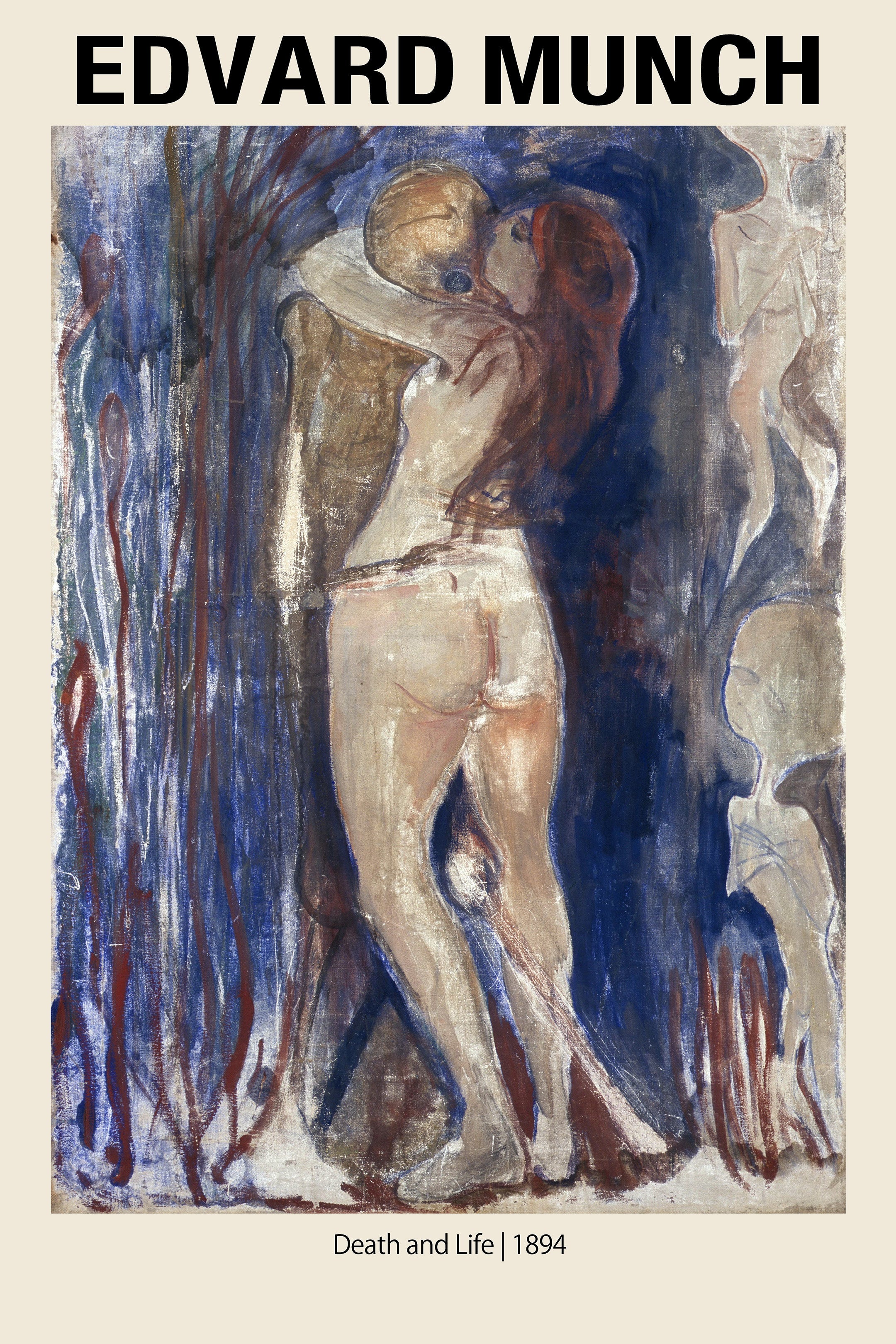 Edvard Munch painting, "Death and Life" (1894), depicting two nude figures passionately embracing, rendered in blue, red, and brown expressionist brushstrokes.