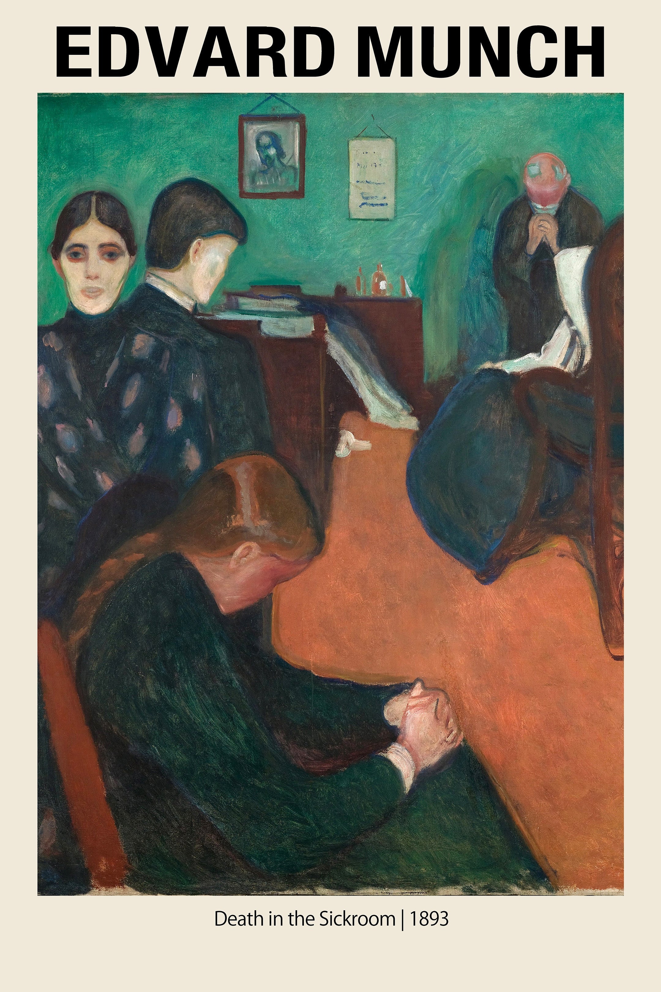 Edvard Munch's 1893 oil painting, Death in the Sickroom, featuring a family in dark clothes gathered around a central figure in a green room.