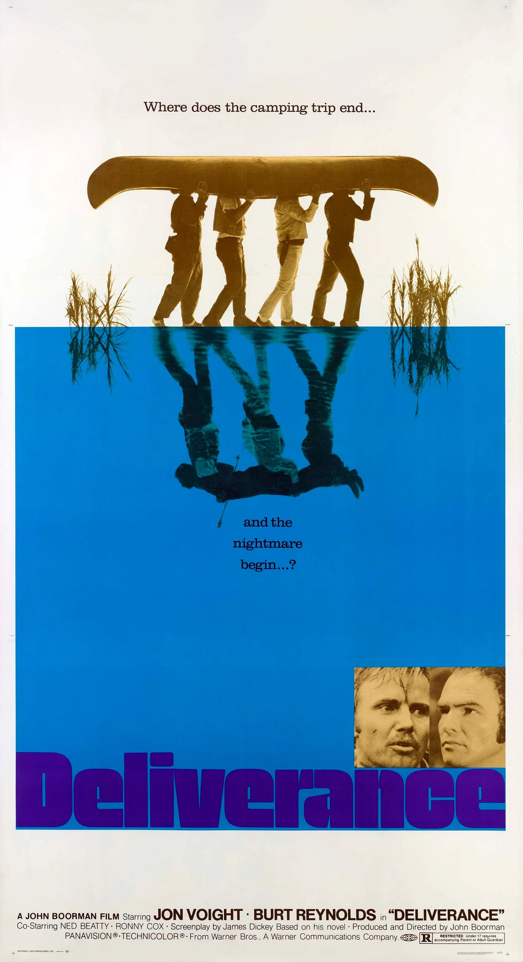 Original 1972 Deliverance movie poster showing four men carrying a canoe reflected over a bright blue water line with lead actors' faces.