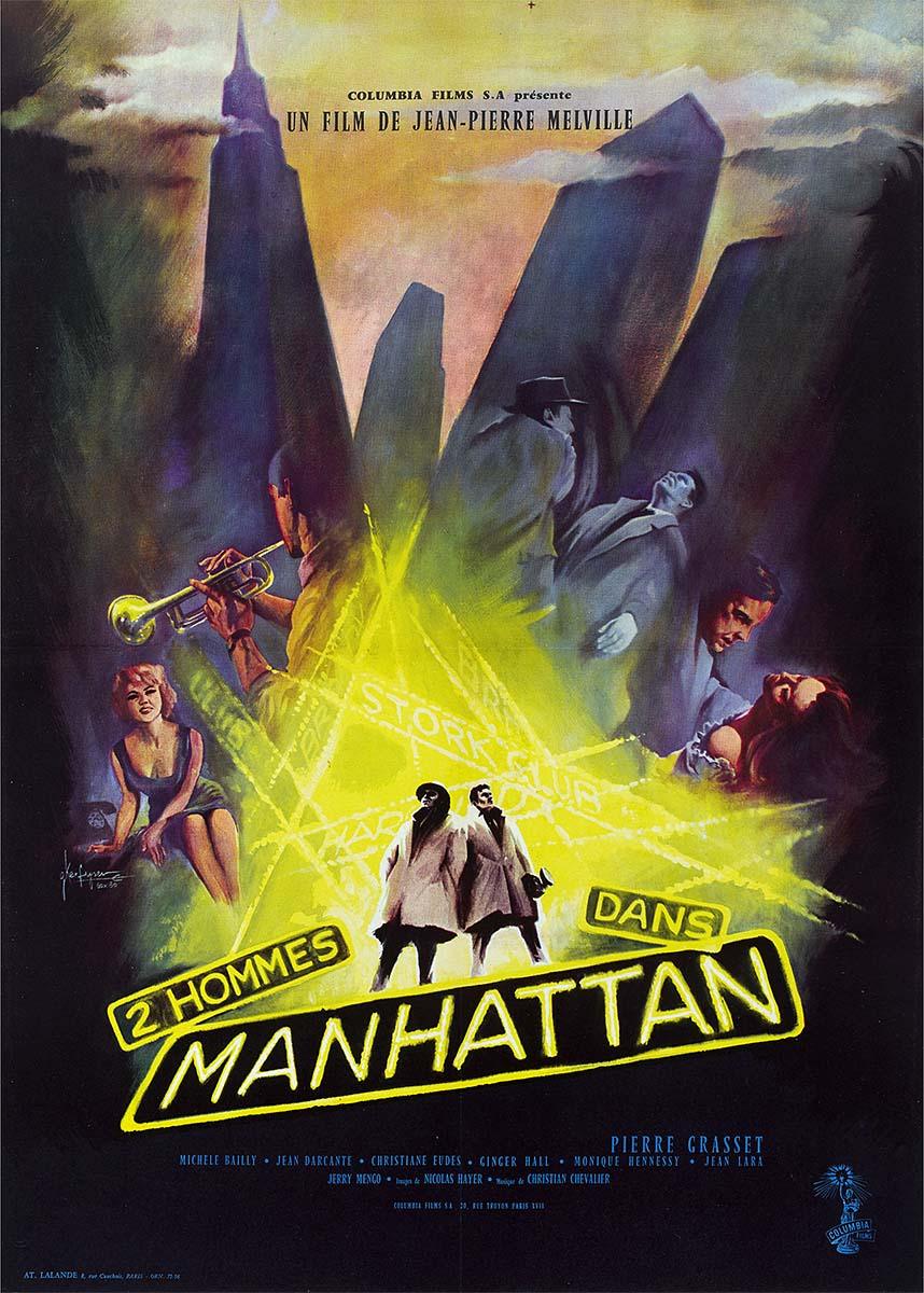 Original French poster for Deux Hommes dans Manhattan featuring dramatic yellow light, skyscrapers, jazz trumpet player, and figures in trench coats.