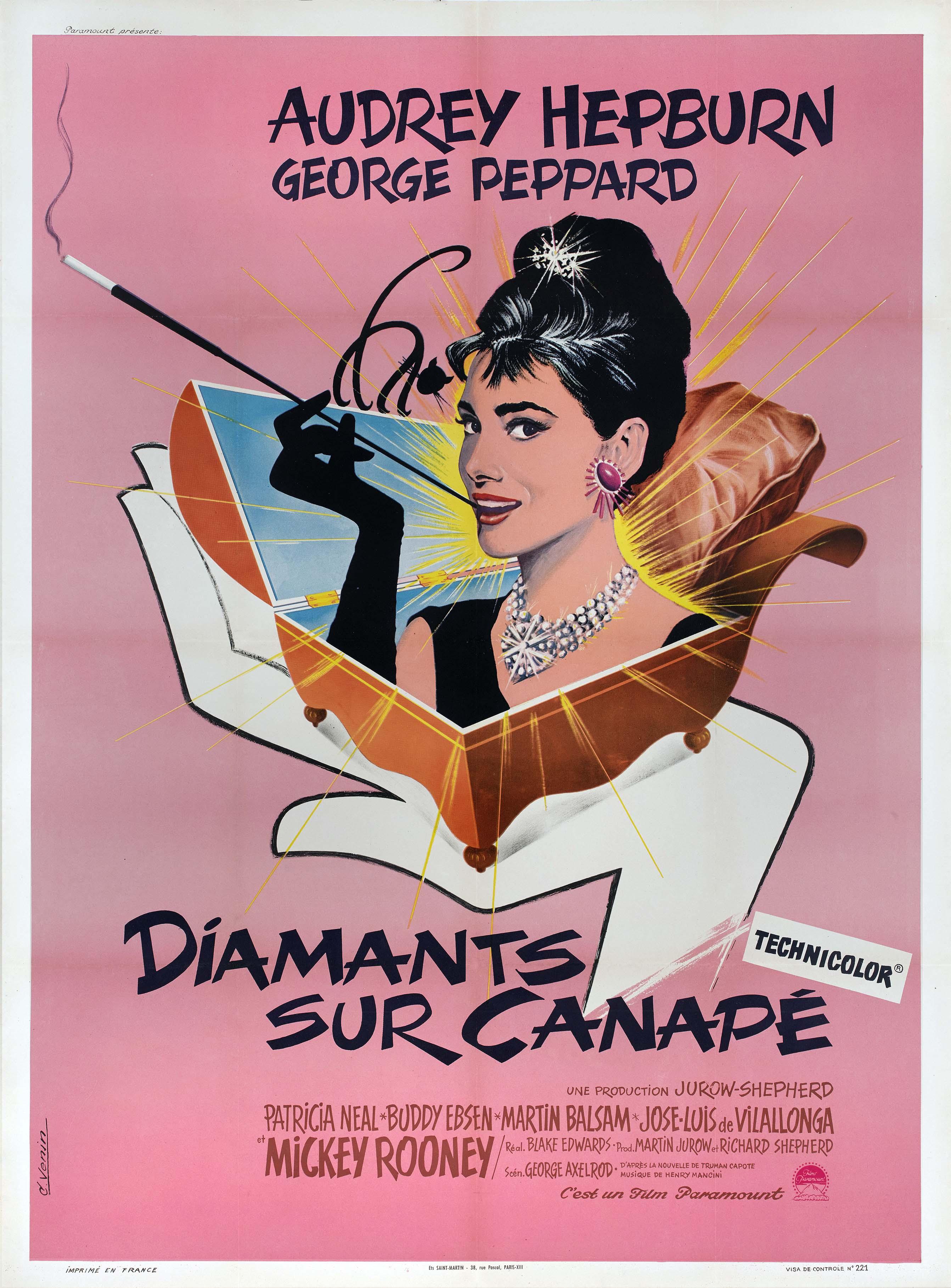 Vibrant French illustrated movie poster for Breakfast at Tiffany's (Diamants sur canapé) showing a glamorous Audrey Hepburn illustration with pearl jewelry and a cigarette holder on a pink background.