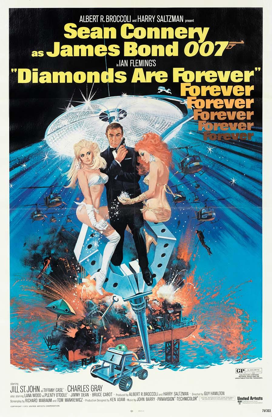 Vintage original movie poster for Diamonds Are Forever (1971), showing Sean Connery's James Bond on a giant dice with two women, surrounded by intense action imagery.