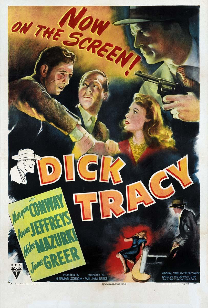 Original theatrical poster for the 1945 RKO film Dick Tracy, showing dramatic scenes of men fighting, a woman in peril, and a detective in a fedora holding a revolver.