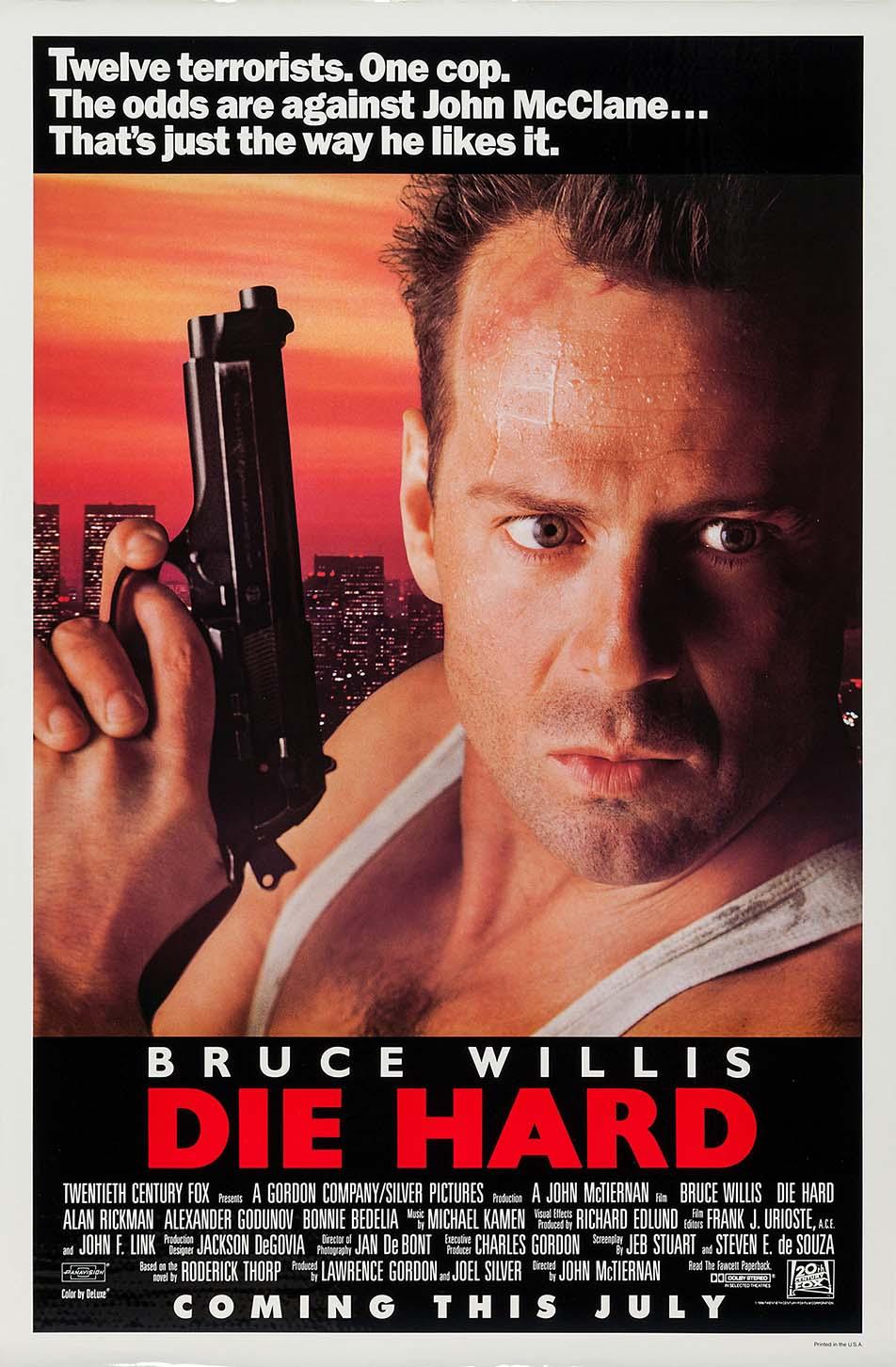Vintage Die Hard movie poster featuring a close-up of Bruce Willis (John McClane) holding a pistol against a fiery Los Angeles cityscape background.