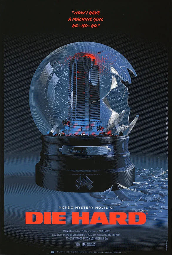 Die Hard movie poster showing a shattered snow globe with Nakatomi Plaza building inside, red accents, and quote