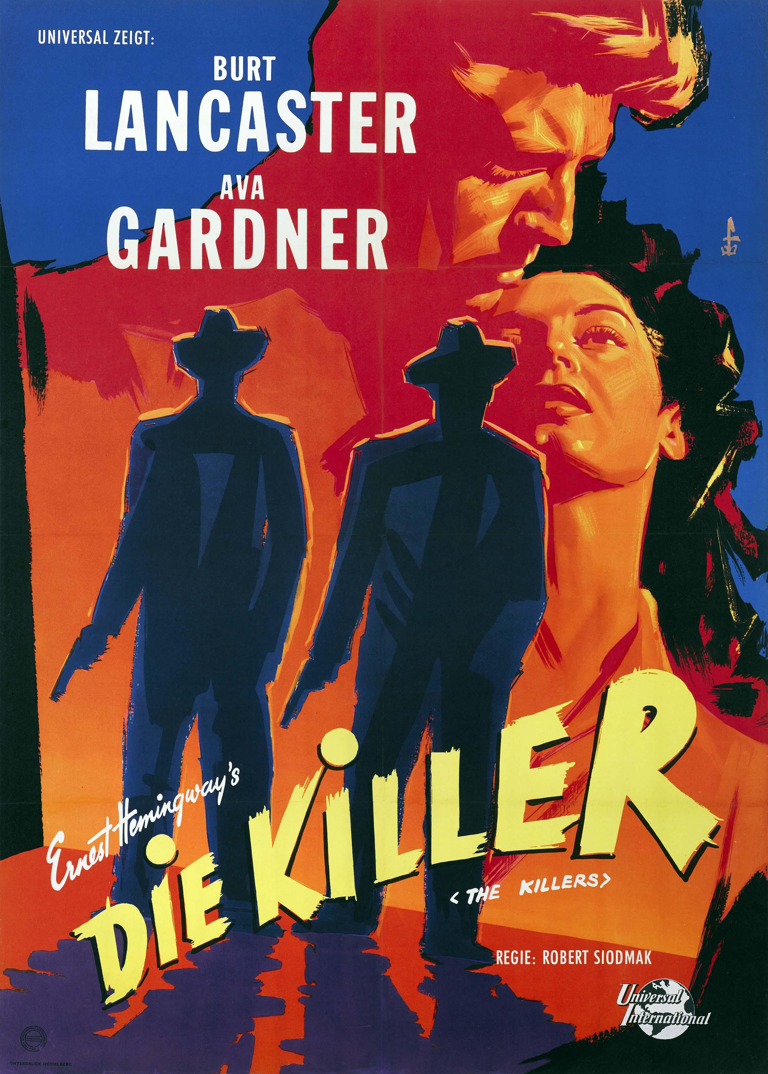 Vintage German movie poster for The Killers (Die Killer), featuring bold stylized illustrations of Burt Lancaster and Ava Gardner above two shadowy figures.