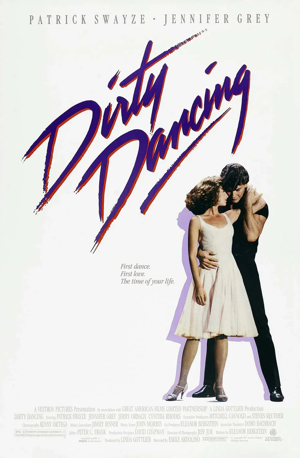 Original theatrical movie poster for Dirty Dancing (1987) showing Johnny (Patrick Swayze) embracing Baby (Jennifer Grey) against a white background.