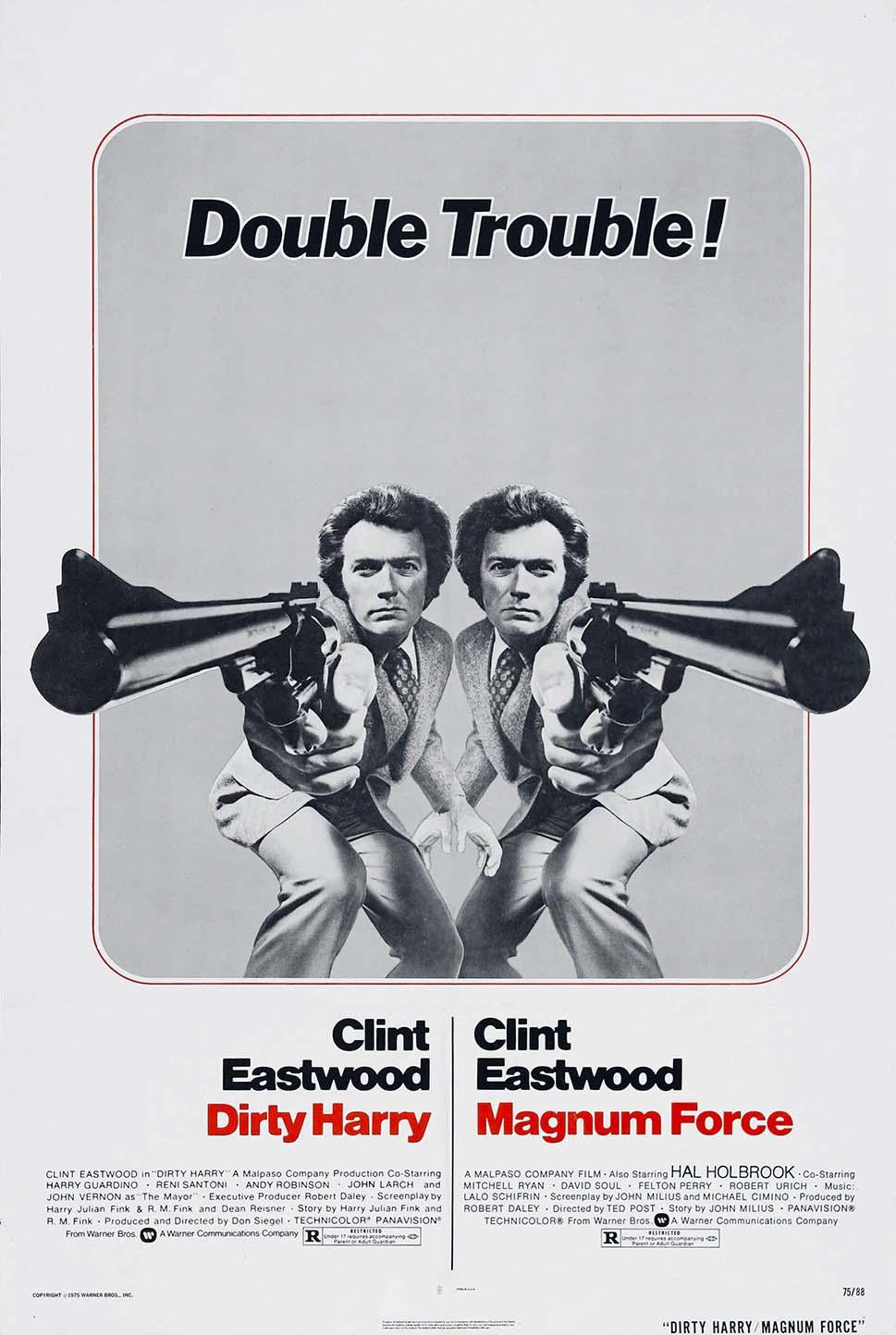 Clint Eastwood as Dirty Harry mirrored, crouched and pointing two Magnum pistols on the vintage movie poster for the double feature.