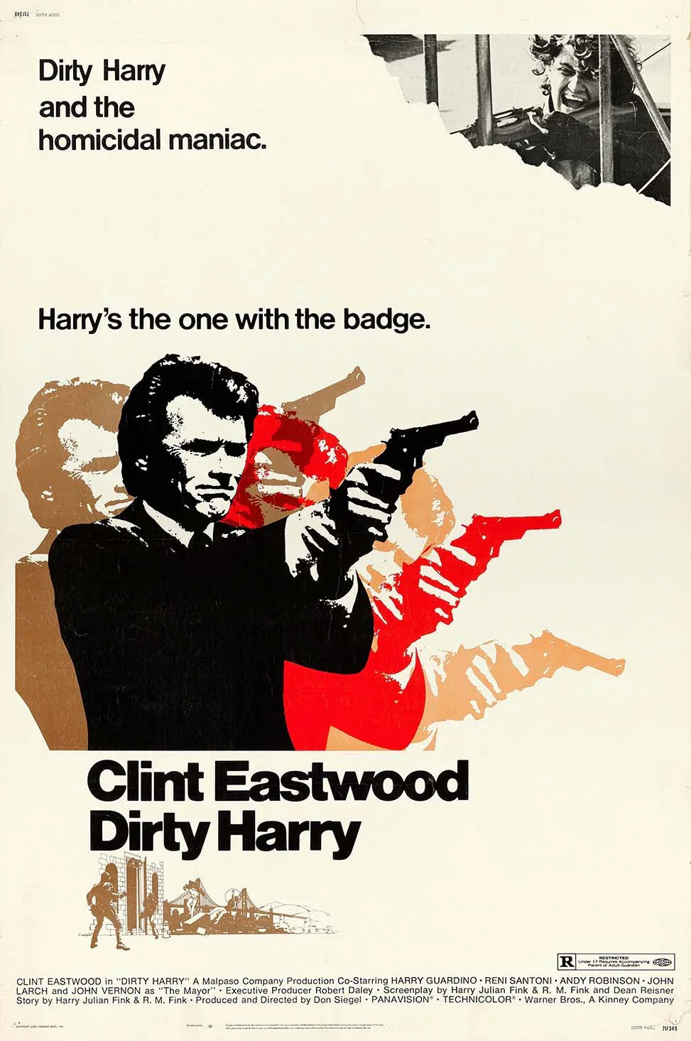 Original theatrical poster for Dirty Harry showing a high-contrast image of Clint Eastwood aiming a gun, superimposed on red and beige gun outlines.