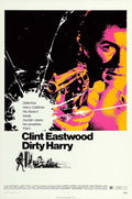 Vintage Dirty Harry movie poster showing Clint Eastwood aiming a .44 Magnum, rendered in neon pink, yellow, and black graphic style with shattered glass effects.