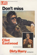 Vintage Dirty Harry 1971 magazine ad featuring Clint Eastwood yelling in sunglasses while covered in sand, promoting the classic film.