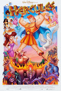 Original theatrical poster for Disney's Hercules (1997) featuring Hercules flexing, standing over Hades in the underworld, flanked by Megara, Philoctetes, and Pegasus.