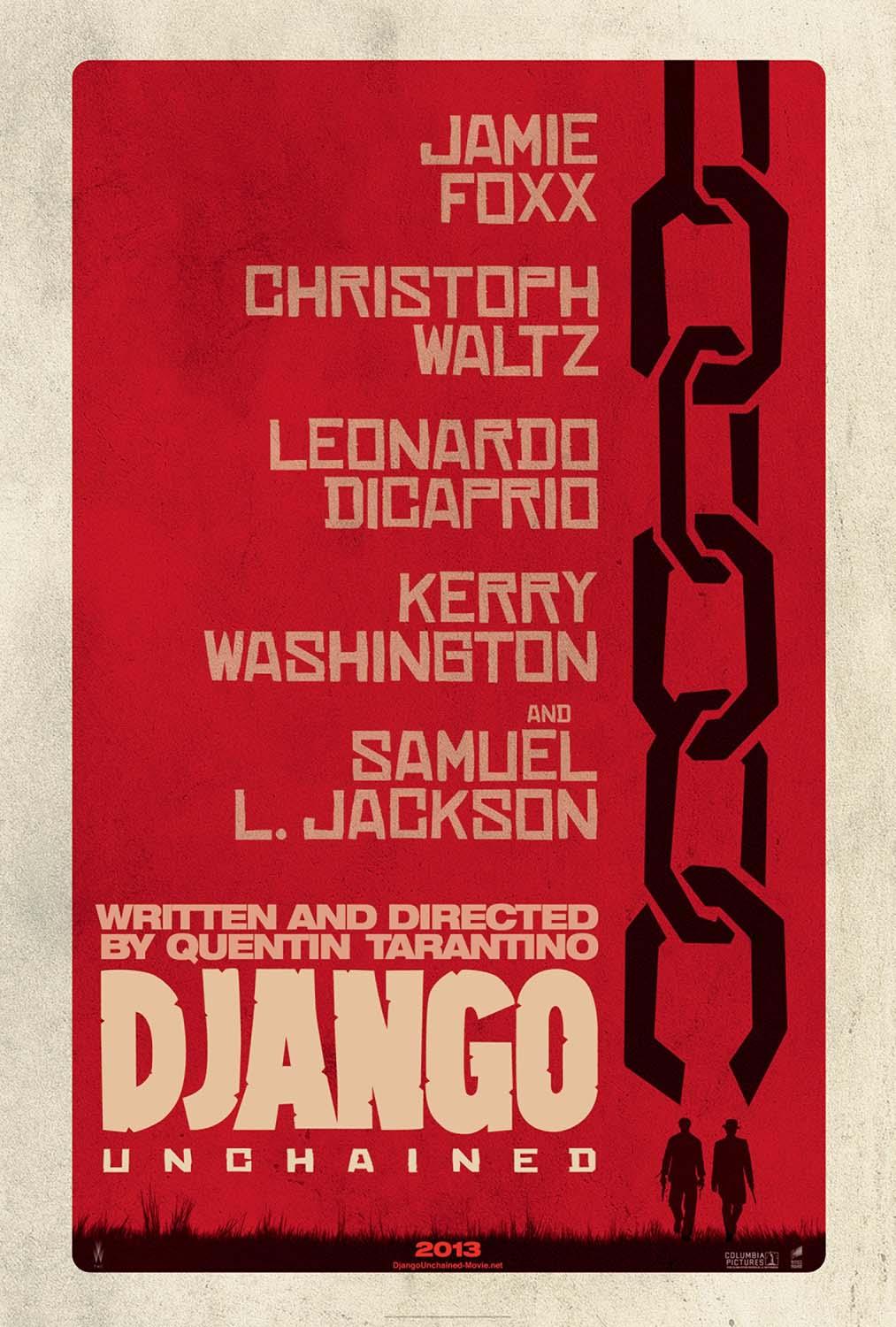 Django Unchained minimalist movie poster featuring red background, the cast list, dangling chains, and two cowboy figures in the foreground.