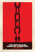 Django Unchained movie poster featuring two silhouetted figures beneath a stylized, broken chain link on a stark red background.