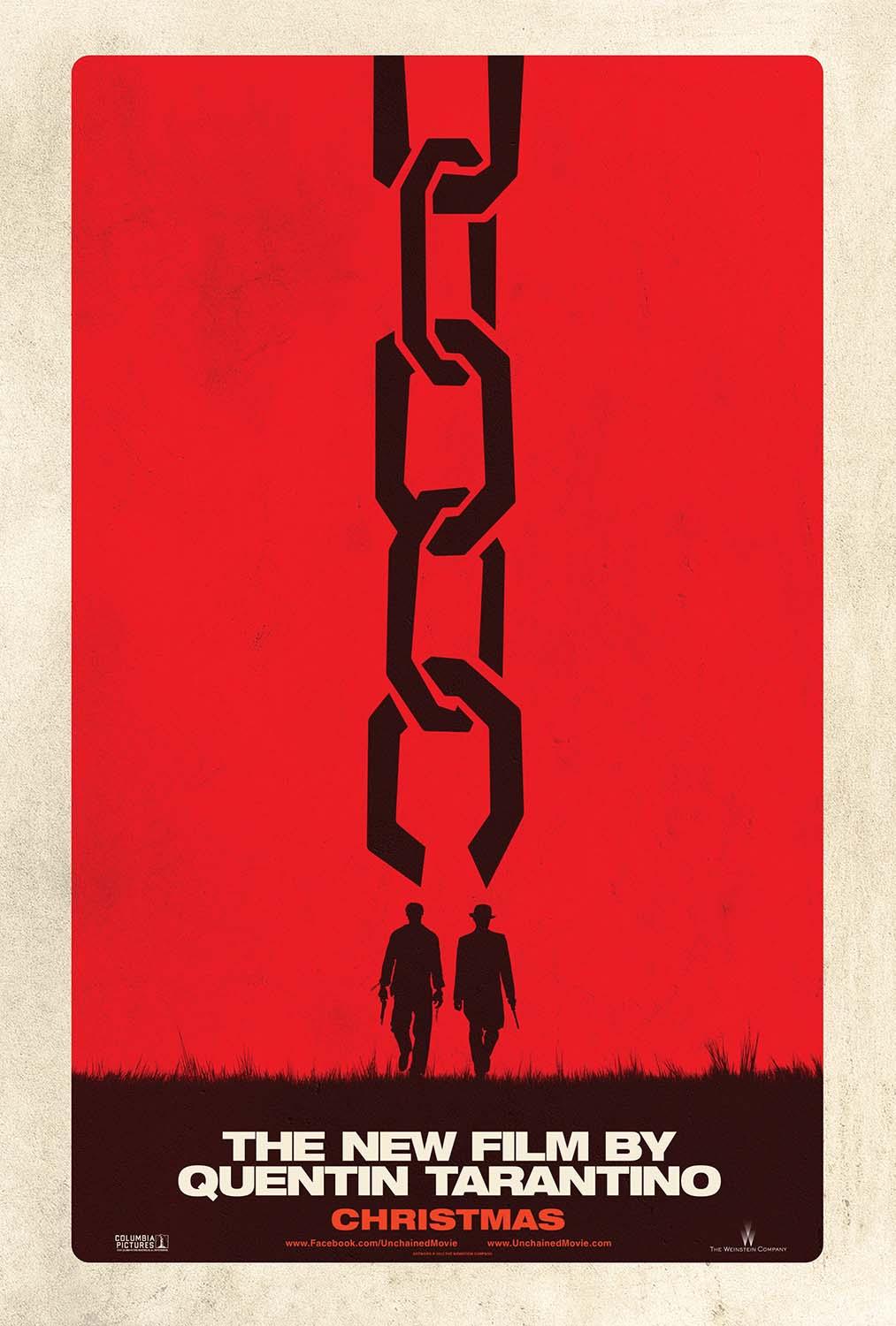 Django Unchained movie poster featuring two silhouetted figures beneath a stylized, broken chain link on a stark red background.