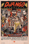 Illustrated Django Unchained movie poster featuring central characters with guns, old western town, and bold title