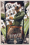 Django Unchained movie poster featuring a cowboy with revolver in front of a southern mansion and armed men on balconies
