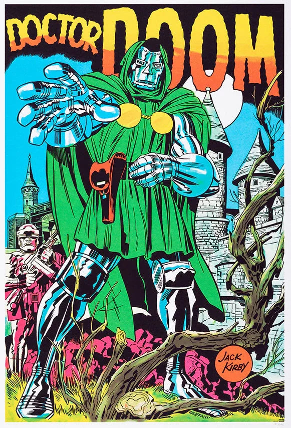 Doctor Doom comic art by Jack Kirby showing character in green cloak and metal armor in front of castle