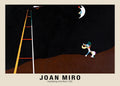 Reproduction of Joan Miró's painting Dog Barking at the Moon (1926), showing a stylized dog, crescent moon, and tall ladder against a black sky.