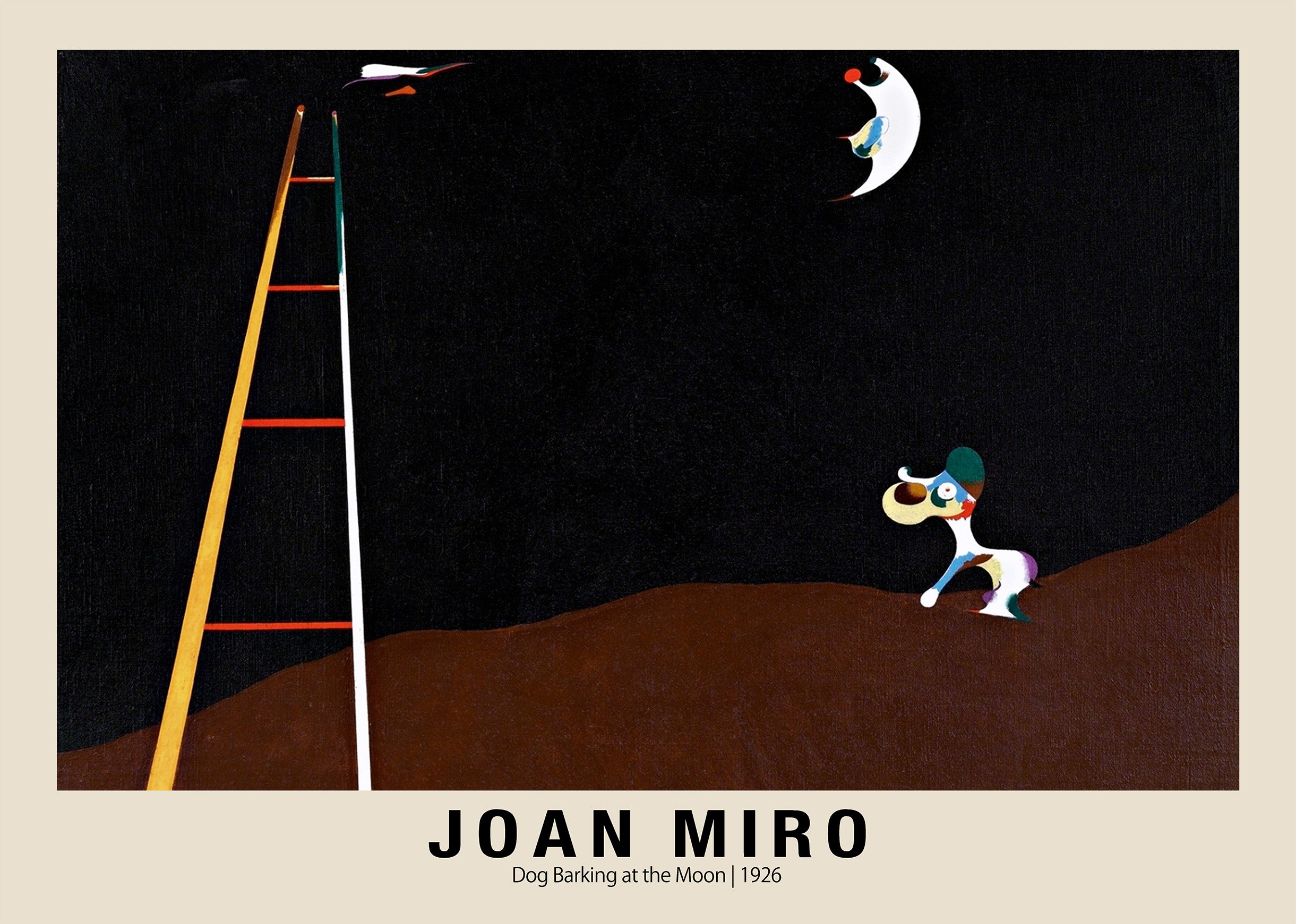 Reproduction of Joan Miró's painting Dog Barking at the Moon (1926), showing a stylized dog, crescent moon, and tall ladder against a black sky.