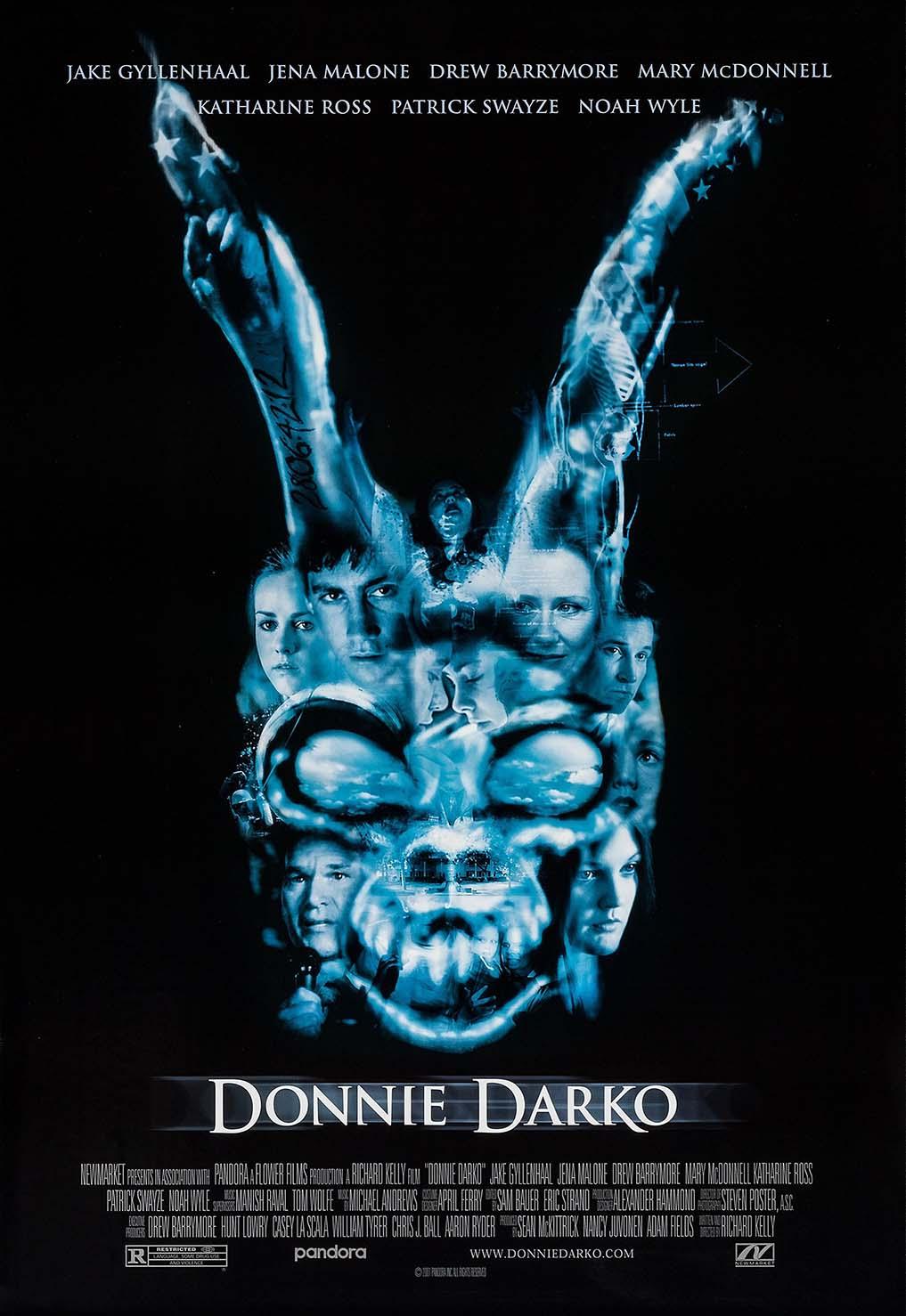 Original movie poster for Donnie Darko featuring a blue spectral image of Frank the Rabbit's mask created from the faces of the main cast against a black background.