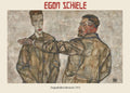 Egon Schiele's 1913 Expressionist painting, "Double Portrait of Benesch," showing two men in brown suits with nervous, distorted lines and intense red accents.