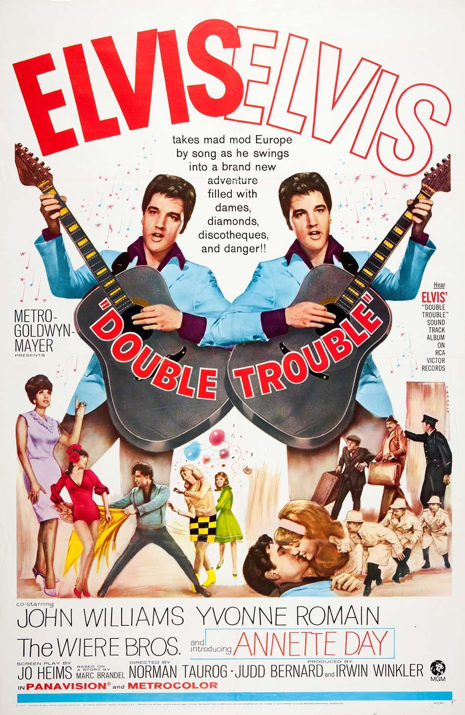 Vintage 1967 movie poster for Elvis Presley's "Double Trouble" showing two mirrored images of Elvis with guitars, surrounded by dancers and characters.