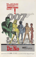 Original theatrical poster for Dr. No (1962) showing Sean Connery (James Bond) standing with four 'Bond Girls' in a vibrant, stylized pop art illustration of the classic spy film.