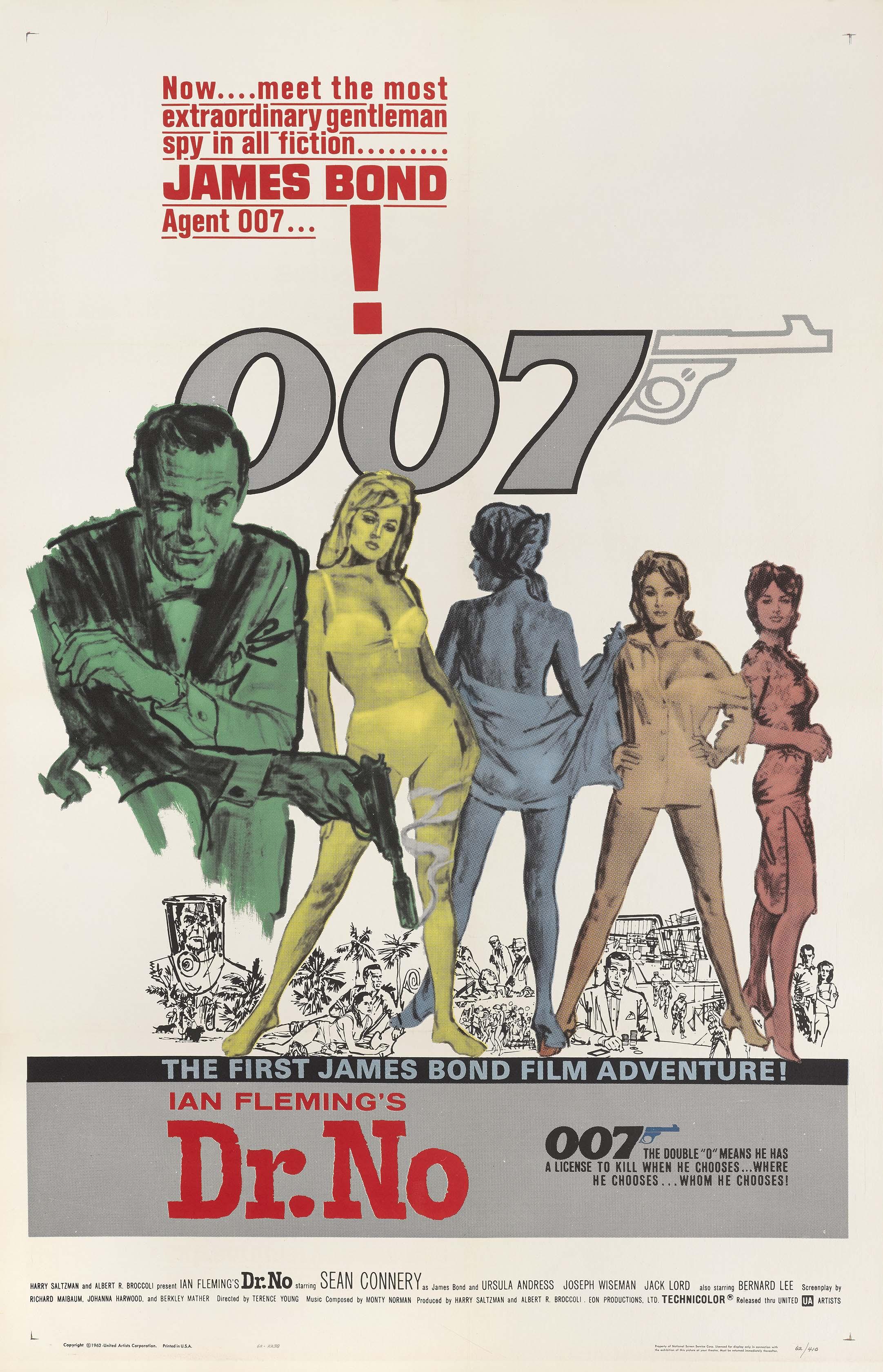 Original theatrical poster for Dr. No (1962) showing Sean Connery (James Bond) standing with four 'Bond Girls' in a vibrant, stylized pop art illustration of the classic spy film.