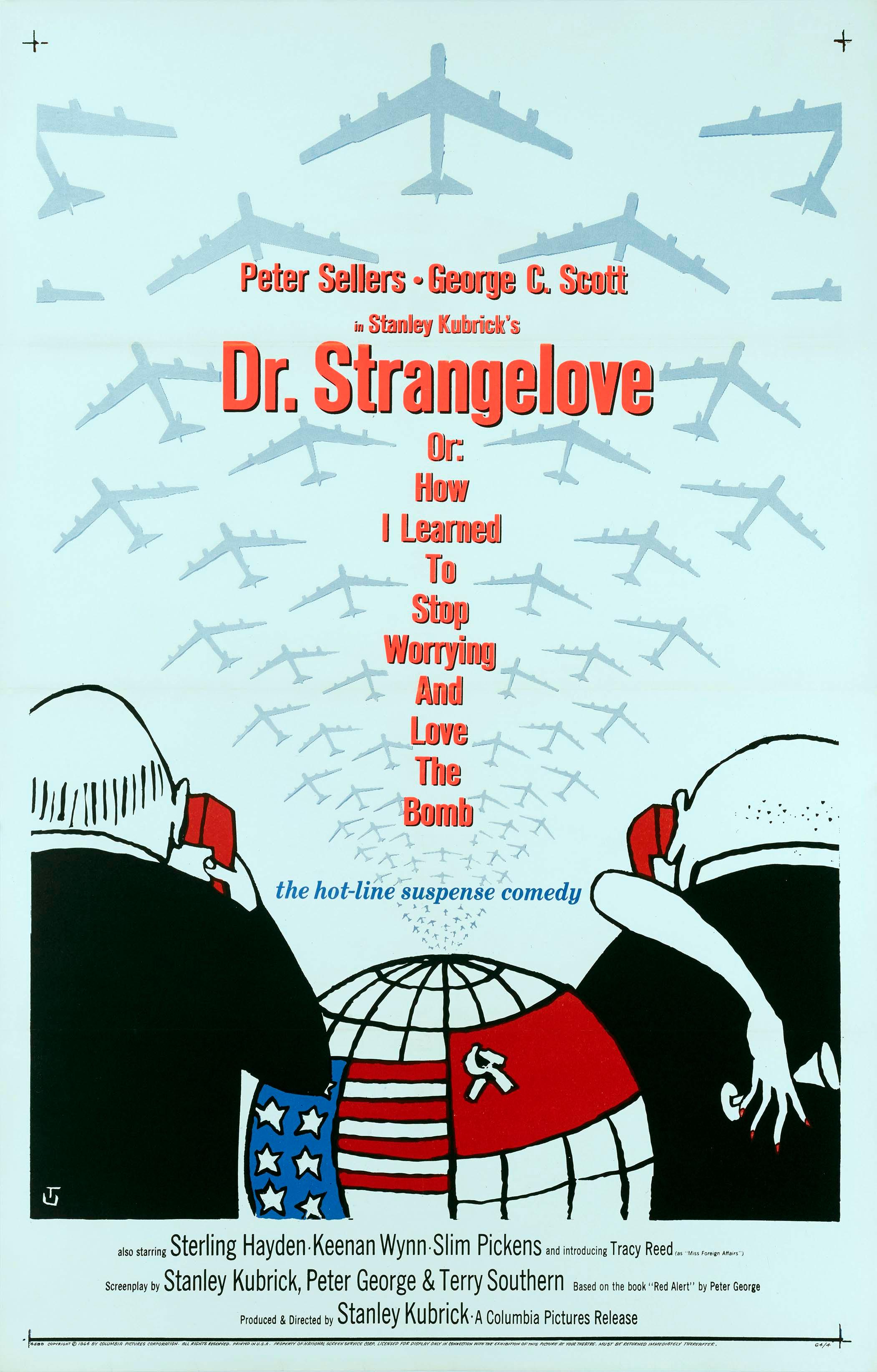 Original movie poster for Dr. Strangelove showing two figures hunched over a globe, surrounded by B-52 bomber silhouettes in the iconic Tomi Ungerer style.