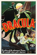 Original theatrical poster for Dracula (1931) showing Bela Lugosi in his cape towering over a frightened man with a dramatic moon backdrop.