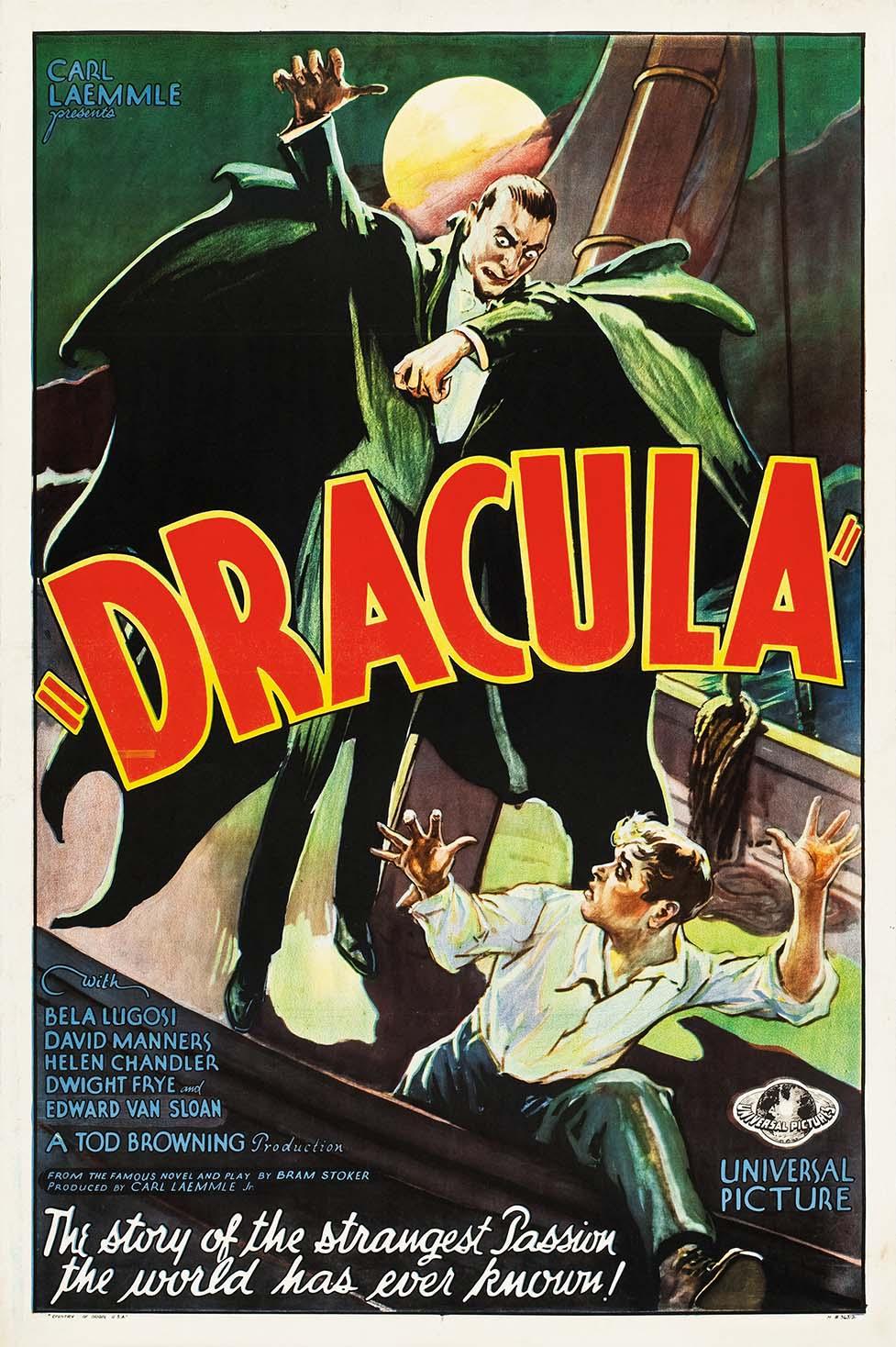 Original theatrical poster for Dracula (1931) showing Bela Lugosi in his cape towering over a frightened man with a dramatic moon backdrop.