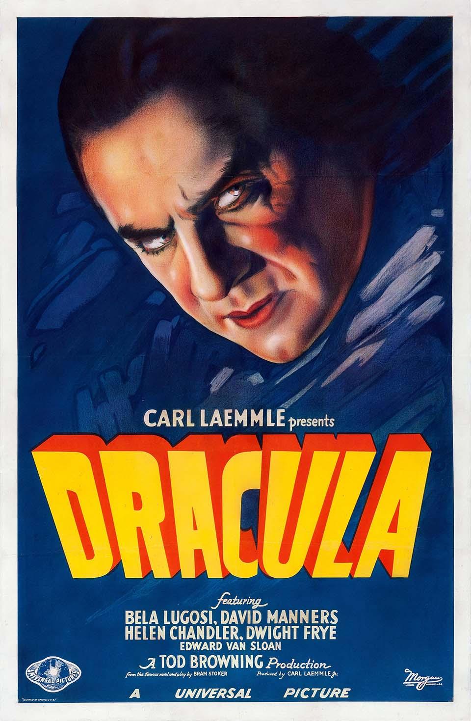 Vintage movie poster for Dracula (1931) featuring a dramatic, intense close-up of Bela Lugosi's face against a dark blue background with bold yellow title text.