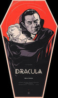 Stylized Dracula illustration in coffin shape with Bela Lugosi holding a woman against a red background