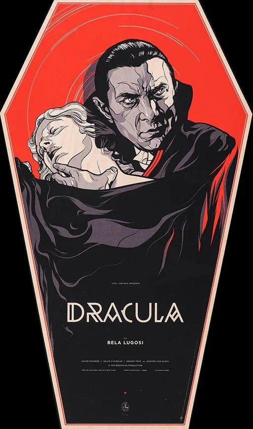 Stylized Dracula illustration in coffin shape with Bela Lugosi holding a woman against a red background