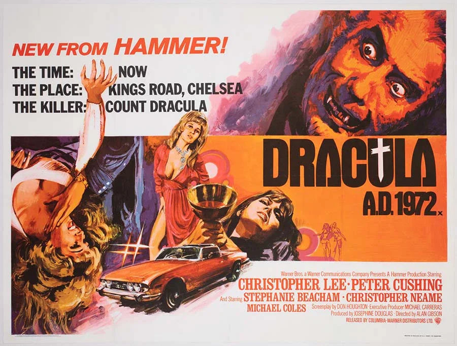 Original theatrical poster for Dracula A.D. 1972 showing Christopher Lee's menacing face, victims, and a 70s sports car, printed on durable photo paper.