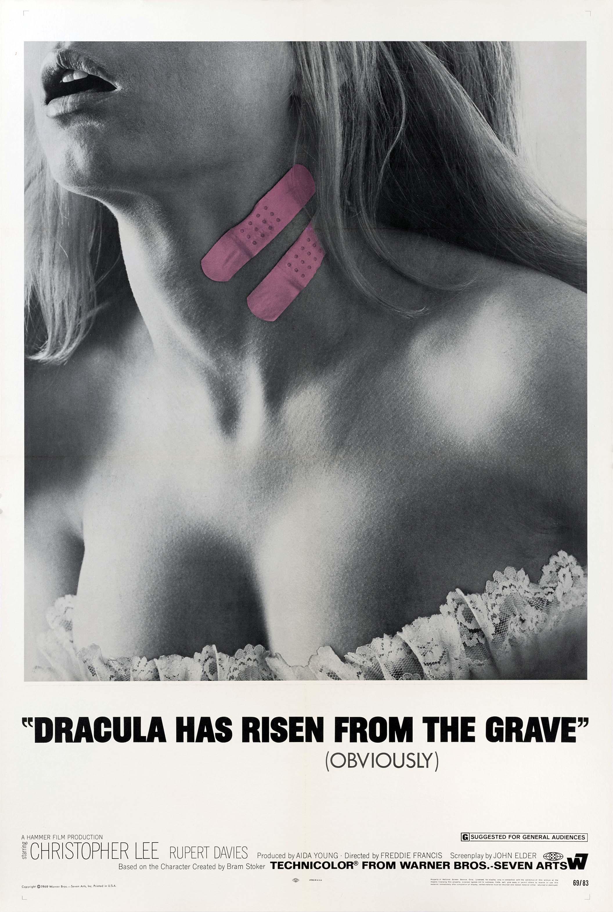 Black and white movie poster for Dracula Has Risen From the Grave, showing a woman's neck with pink bandaids covering a vampire bite mark.