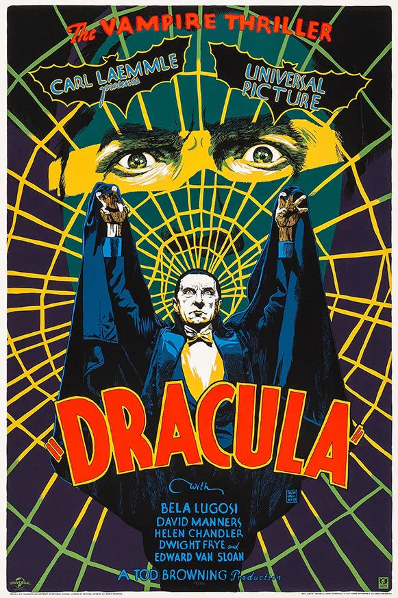 Vintage Dracula movie poster featuring Bela Lugosi as vampire with spider web background and bold red title