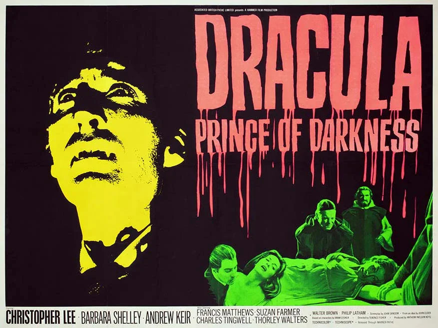 Vintage 1966 movie poster for Dracula: Prince of Darkness featuring a yellow, high-contrast image of Christopher Lee and green figures below.