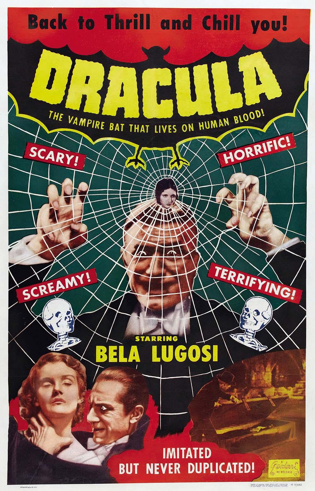 Vintage 1951 re-release poster for the movie Dracula, featuring Bela Lugosi's face trapped in a spider web with bold red and yellow text and screaming hands.
