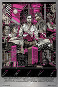 Retro-style movie poster for Drive featuring multiple characters in front of a pink and black cityscape with a car and neon accents