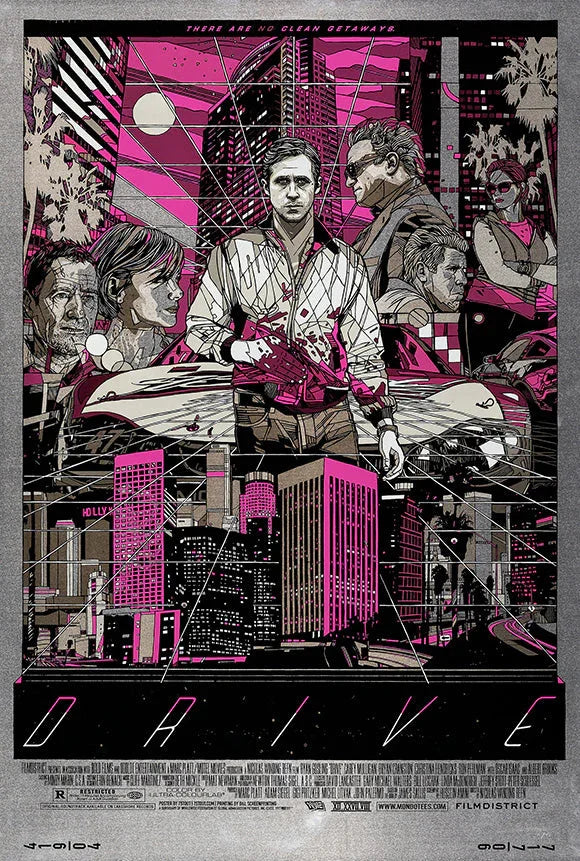 Retro-style movie poster for Drive featuring multiple characters in front of a pink and black cityscape with a car and neon accents
