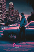 Retro city nightscape with man in sunglasses holding hammer by classic car, neon lights, Drive movie poster