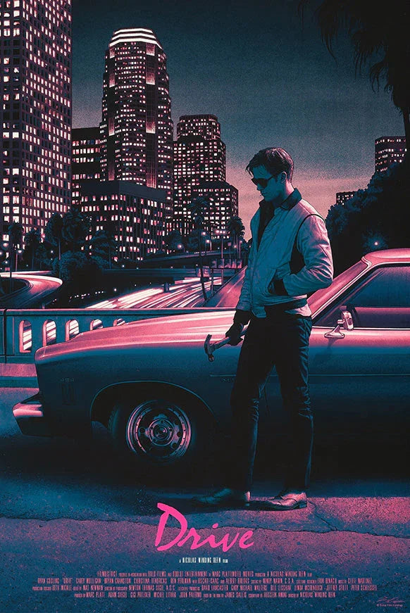 Retro city nightscape with man in sunglasses holding hammer by classic car, neon lights, Drive movie poster