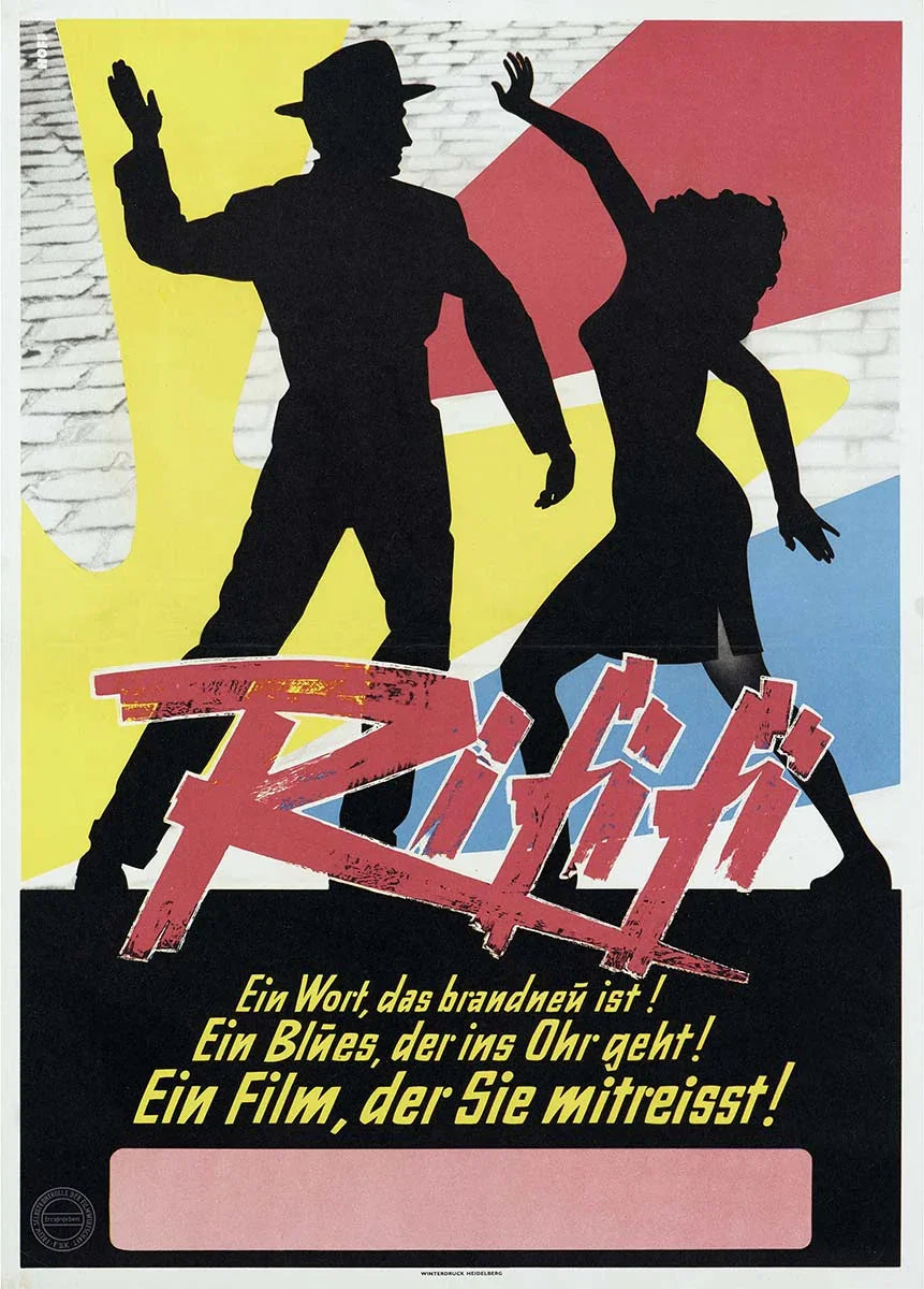 Vintage German poster for the film Rififi (1955), showing black silhouettes of a man and woman in dramatic poses against geometric blocks of red and yellow.